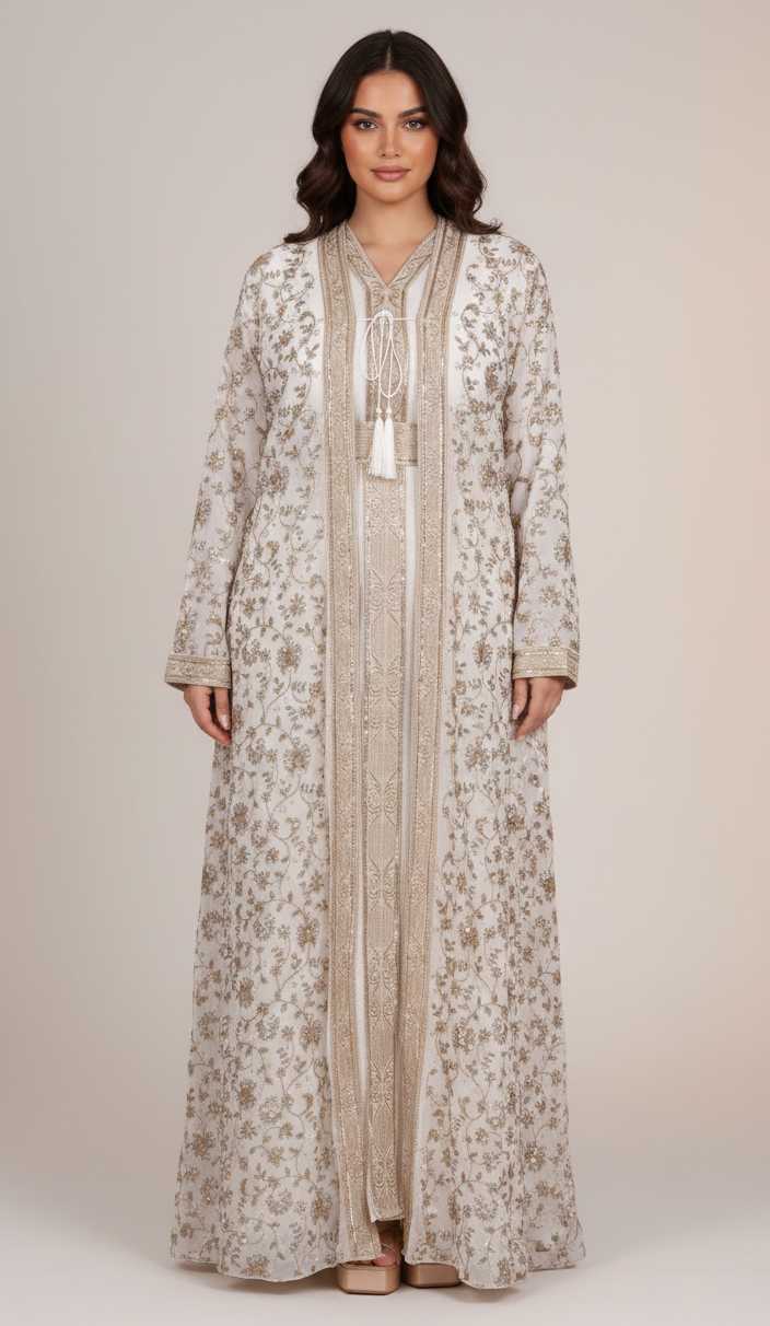 Woman wearing a long, patterned dress with a white background