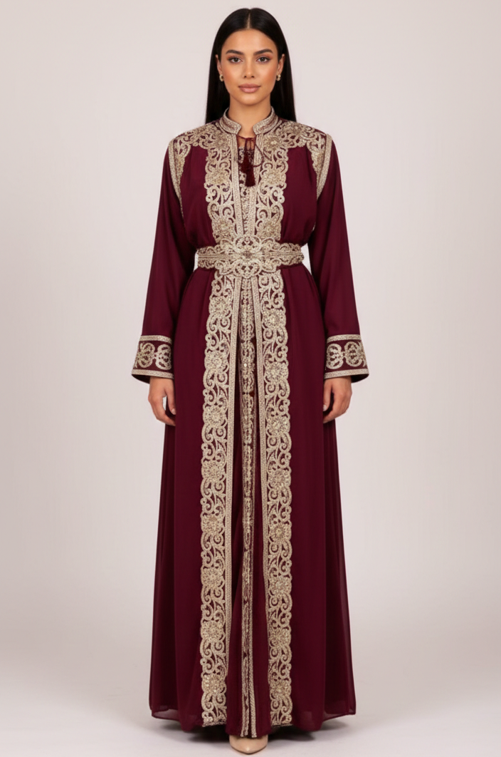 Maroon dress with gold embroidery on a white background