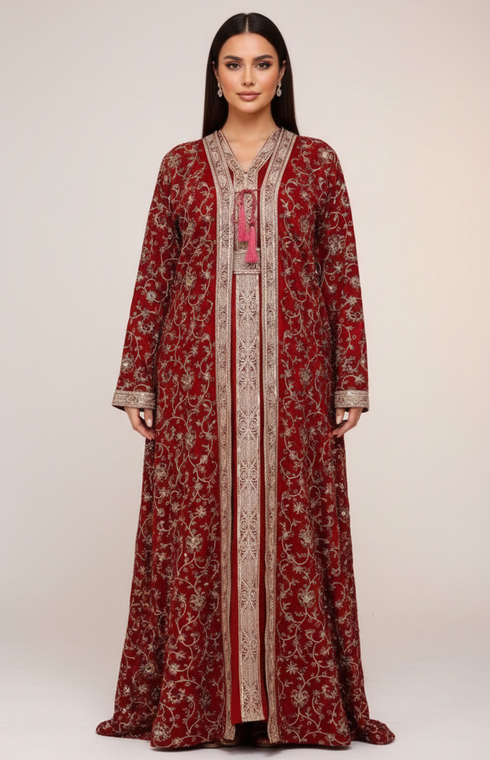 Woman wearing a long, patterned dress on a white background