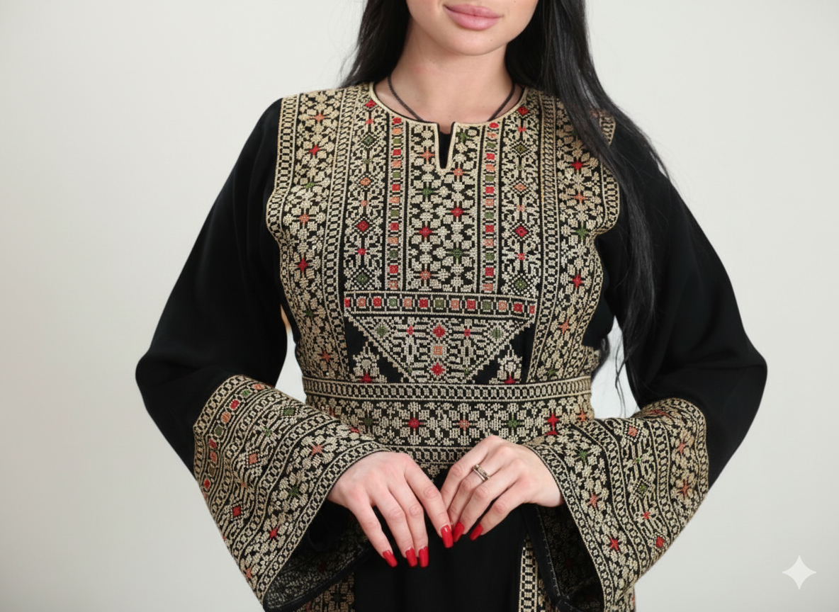Woman wearing a black and gold embroidered traditional outfit on a white background