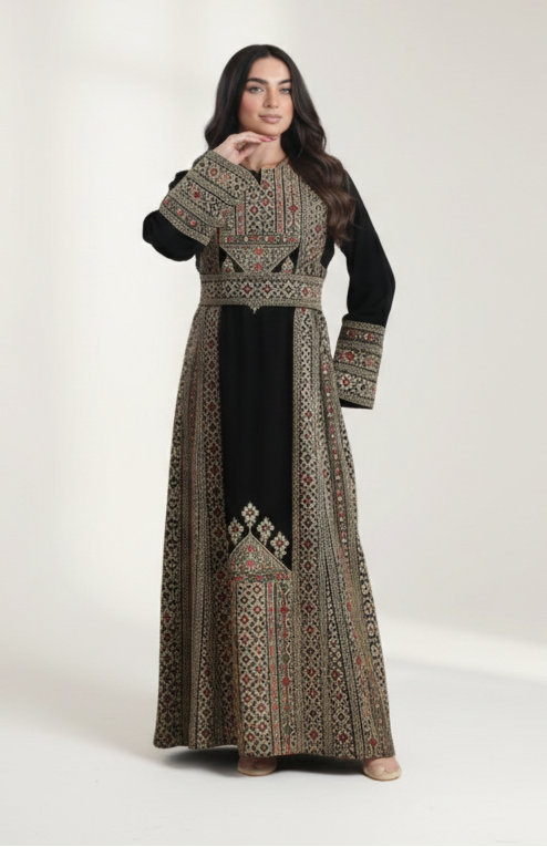 Woman wearing an ornate long dress on a white background