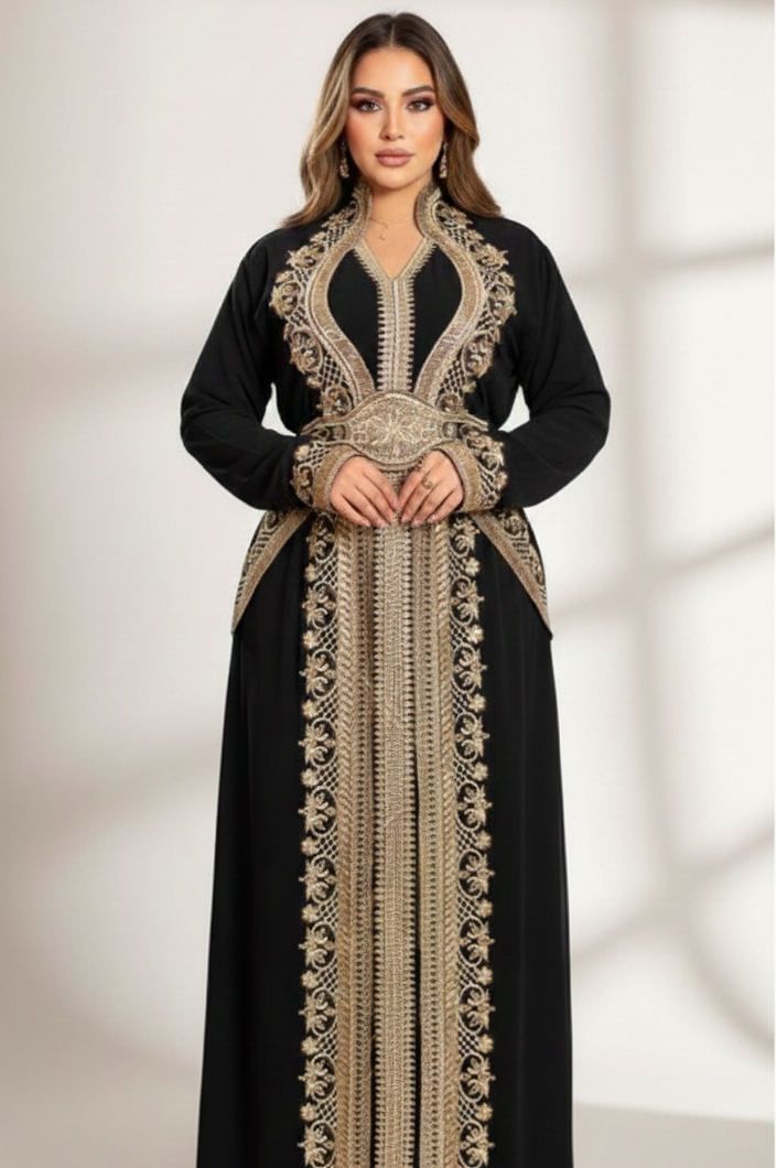 Woman wearing a black and gold embroidered dress on a white background